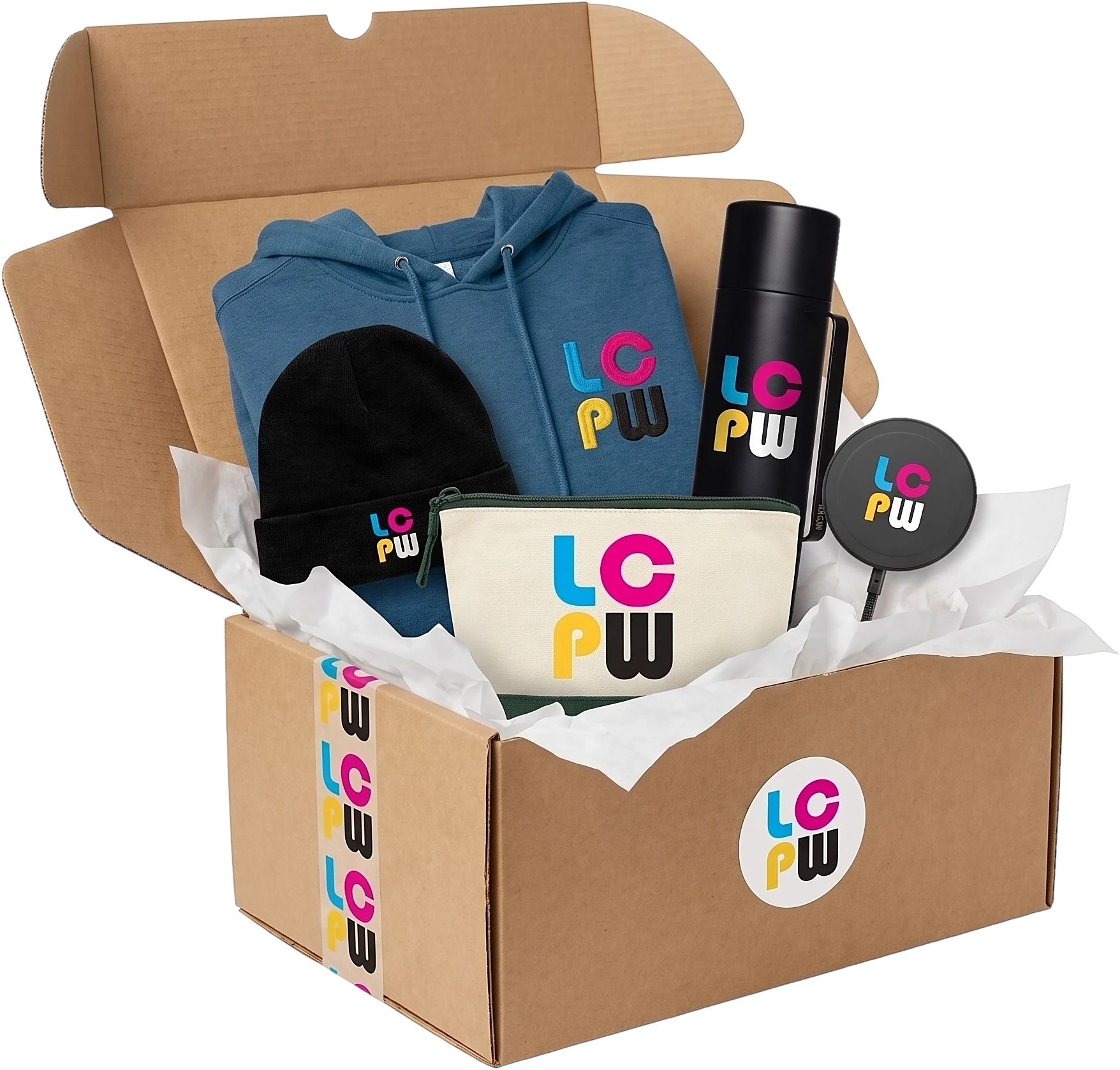 A kraft mailer box sealed with LCPW logo tape and a round LCPW sticker, holding a logo hoodie, knit beanie, MiiR bottle, wireless charger and canvas pouch