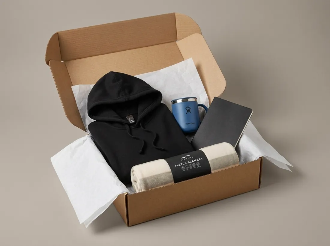 The Remote Team Care Pack: the default items packed in a kraft box