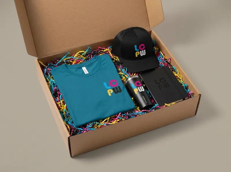 CMYK crinkle fill: a New Hire Kit packed this way