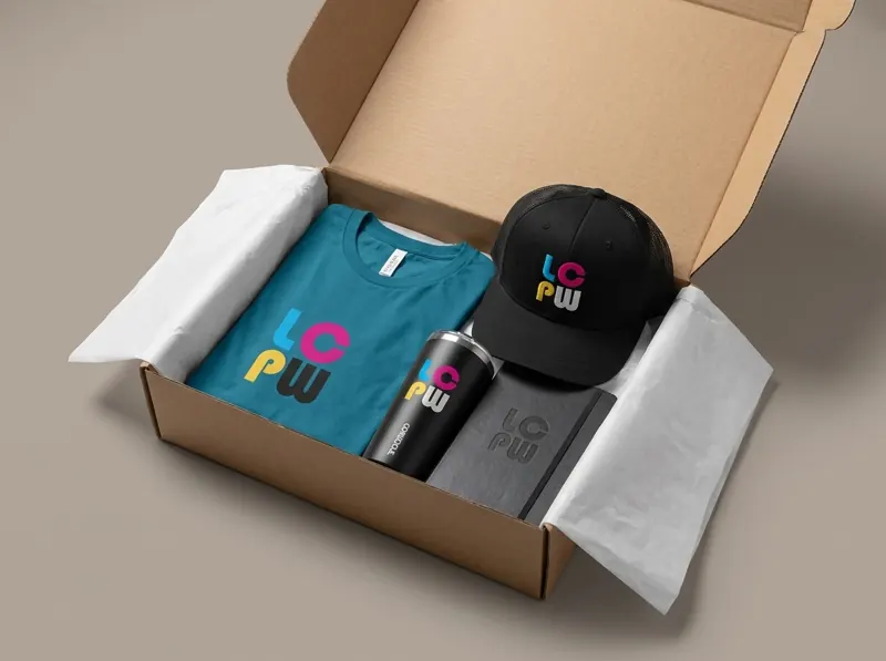 Kraft & white tissue: a New Hire Kit packed this way