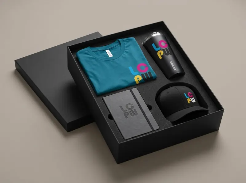 Premium rigid box: a New Hire Kit packed this way