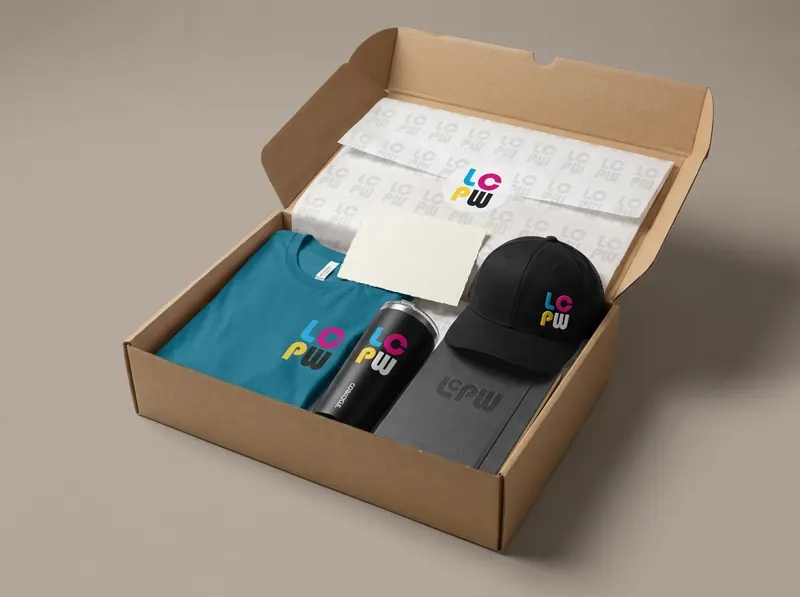 Logo tissue + sticker seal: a New Hire Kit packed this way